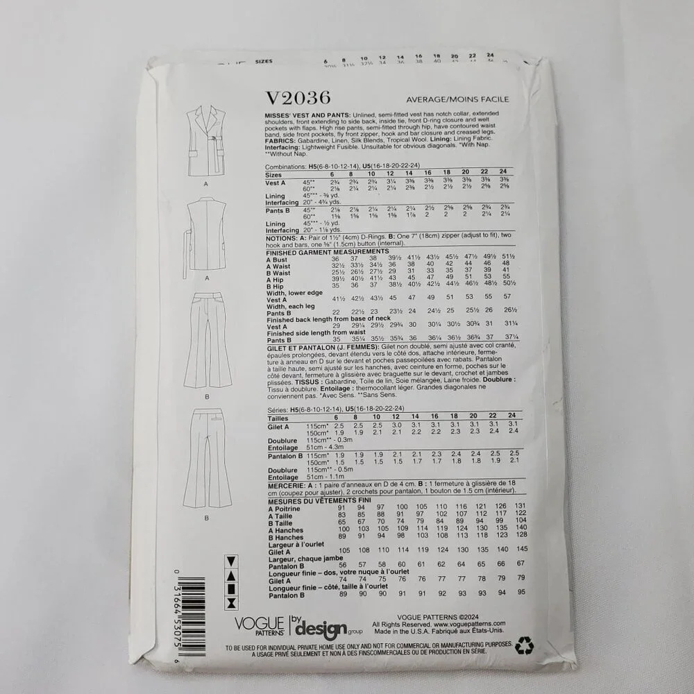 Vogue Patterns V2036 Vest & Pants Sewing Pattern Size16-24 Womens Uncut